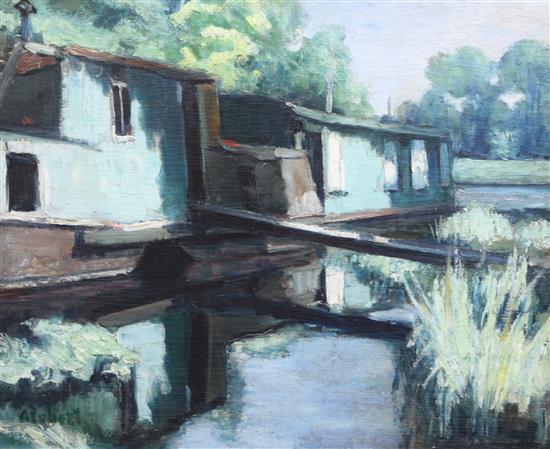 A. Robert Houseboats on a French canal, 19.5 x 25in.